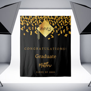 Graduation party black gold confetti graduate 2026 tapestry