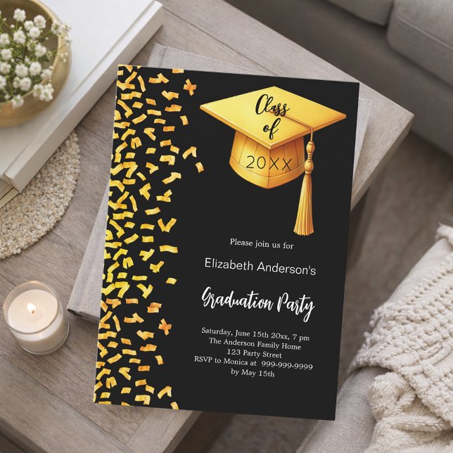 Graduation party black gold confetti invitation (Creator Uploaded)