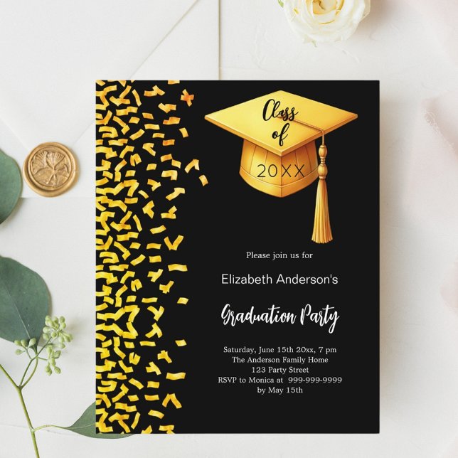 Graduation party black gold confetti invitation (Creator Uploaded)