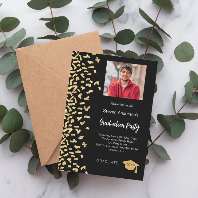 Graduation party black gold confetti photo invitation (Creator Uploaded)