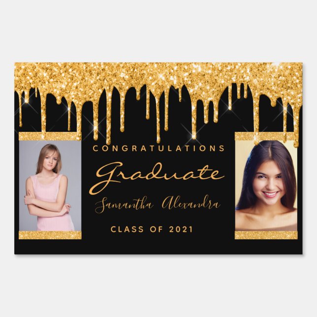 Graduation party black gold glitter duo photo sign (Front)