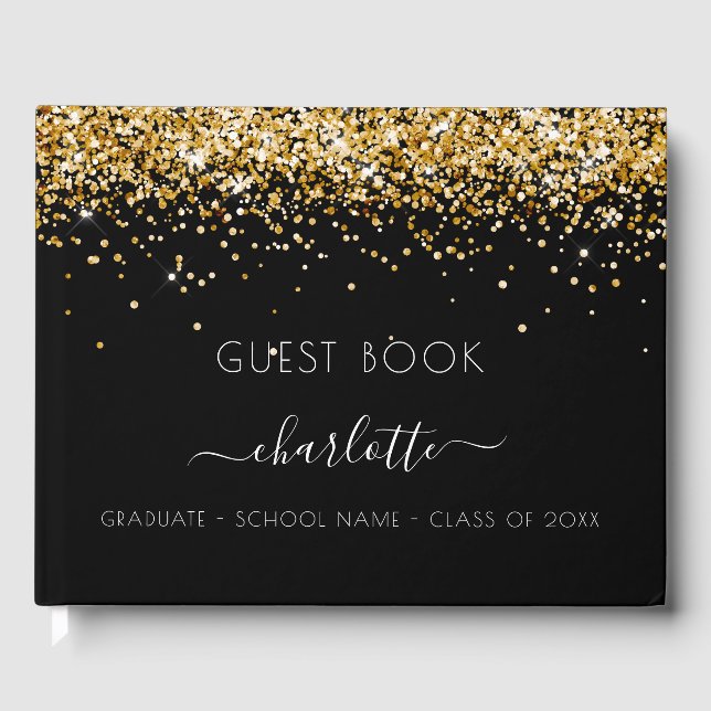 Graduation party black gold glitter guest book (Front)
