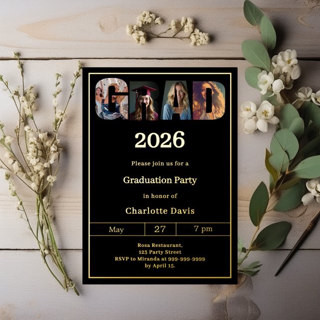 Graduation party black gold grad photo luxury foil invitation (Creator Uploaded)