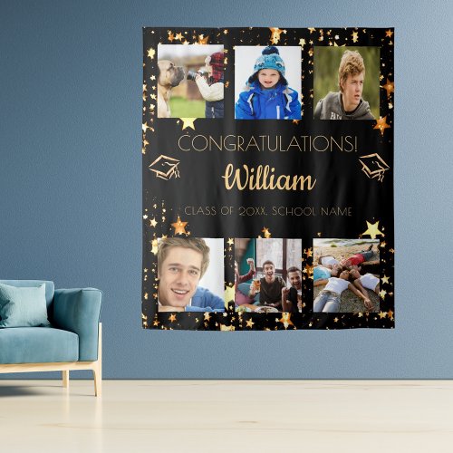 Graduation party black gold graduate photo collage tapestry