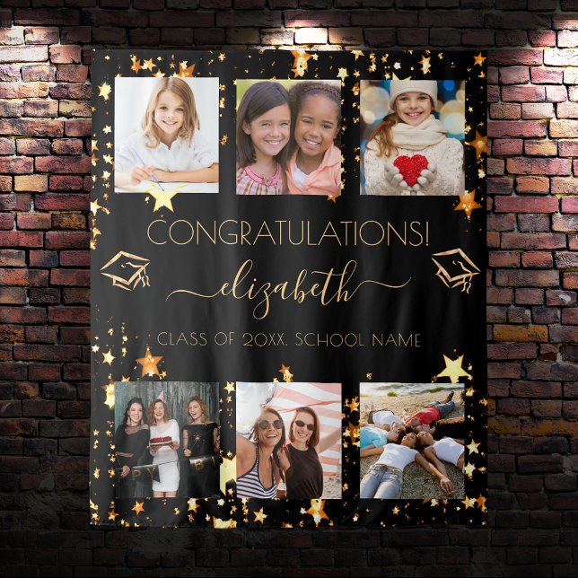 Graduation party black gold graduate photo collage tapestry (Creator Uploaded)