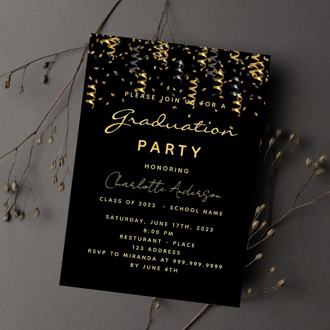 Graduation party black gold invitation postcard (Creator Uploaded)
