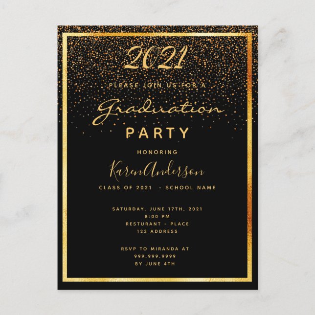 Graduation party black gold invitation postcard (Front)