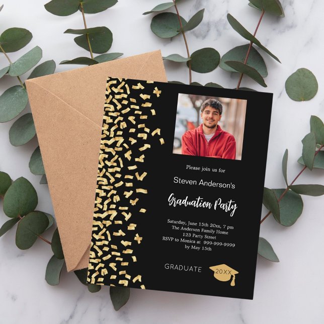 Graduation party black gold photo invitation (Creator Uploaded)