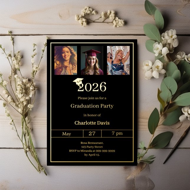 Graduation party black gold photo luxury foil invitation (Creator Uploaded)