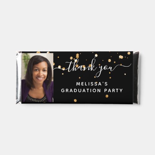Graduation party black gold photo script  hershey bar favors