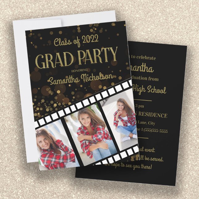 Graduation Party Black Gold Star 3 Photos 2022 Invitation (Creator Uploaded)