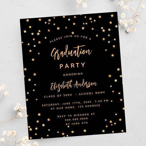 Graduation party black gold star budget invitation flyer