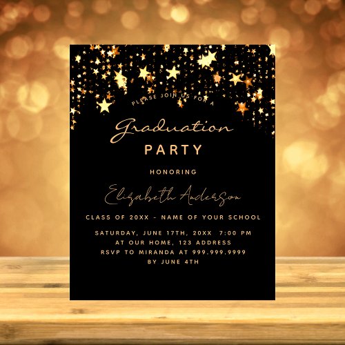 Graduation party black gold star budget invitation flyer