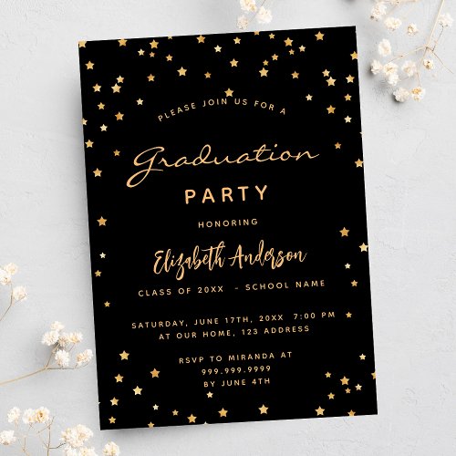 Graduation party black gold stars invitation