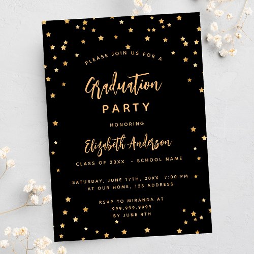 Graduation party black gold stars invitation