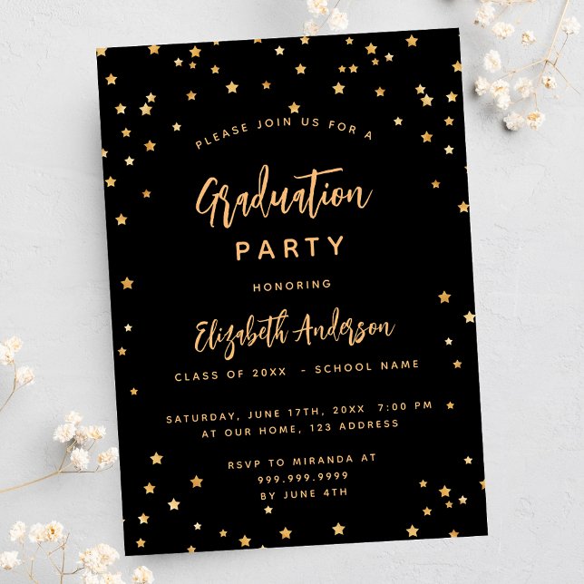 Graduation party black gold stars invitation postcard (Creator Uploaded)