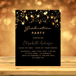 Graduation party black gold stars invitation postcard