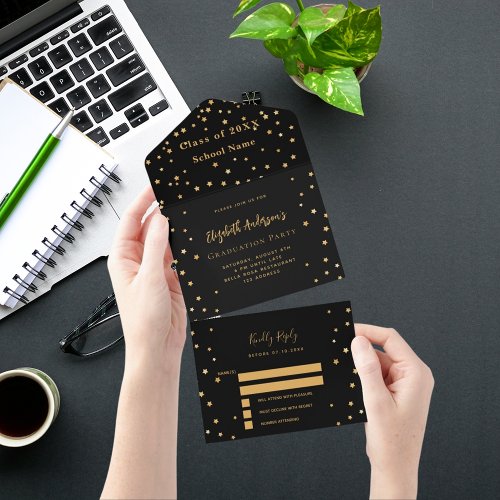 Graduation party black gold stars party RSVP All In One Invitation