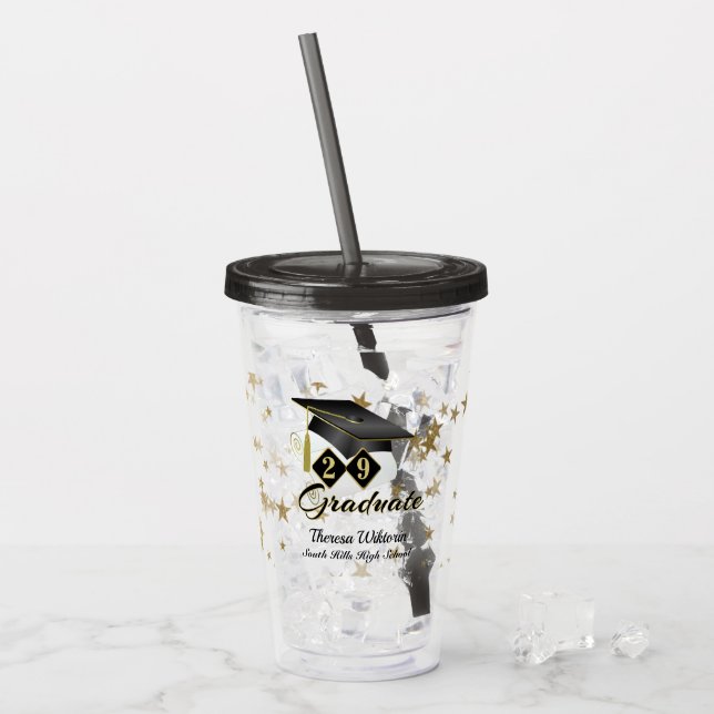 Graduation Party Black Gold Stars Personalized Acrylic Tumbler (Front Ice)