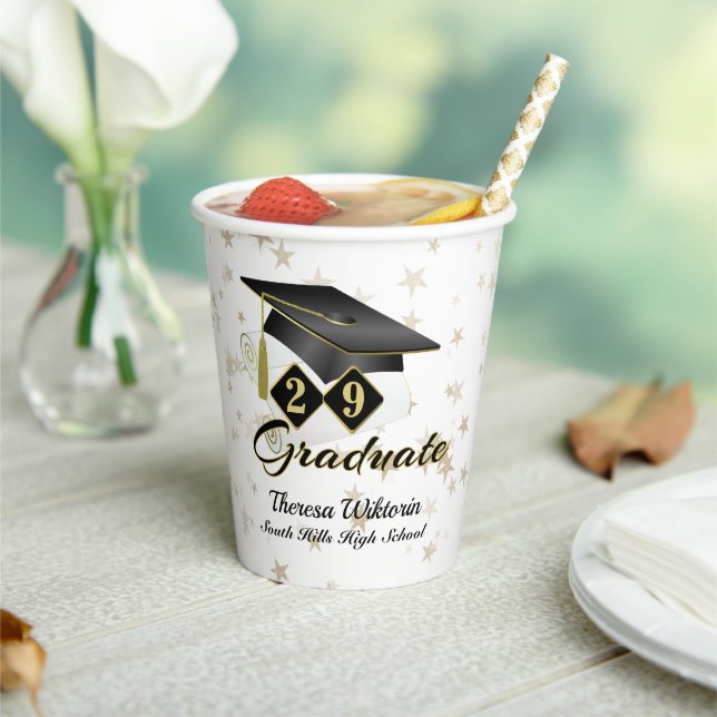 Graduation Party Black Gold Stars Personalized Paper Cups (Insitu)