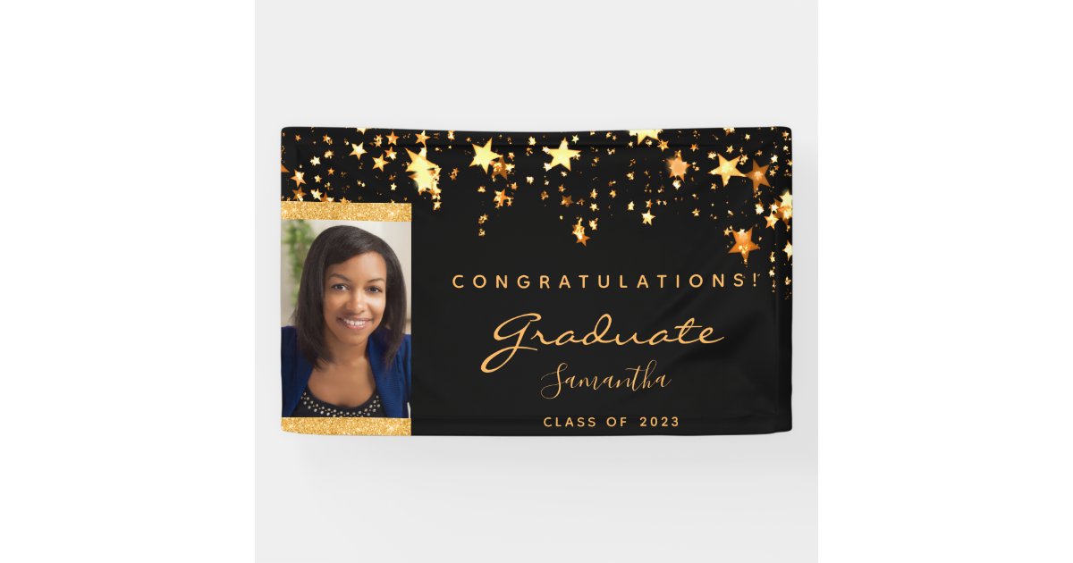 Graduation party black gold stars photo 2026 banner | Zazzle