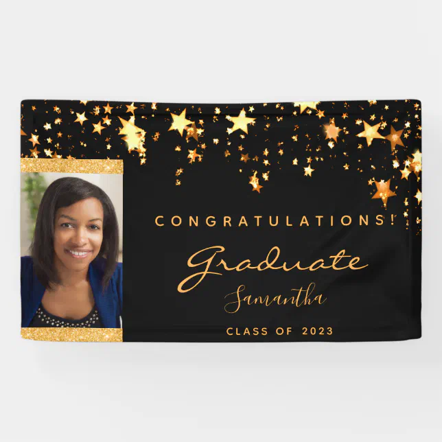 Graduation party black gold stars photo 2026 banner | Zazzle