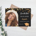 Graduation party black gold stars photo arch 2025 save the date<br><div class="desc">A photo Save the date card for a graduation party 20XX. On front: Add your own vertical size photo of the graduate. An arch shaped frame. A chic black background color, decorated with faux gold stars. Personalize and add a name and date. The name and the text: Save the Date...</div>