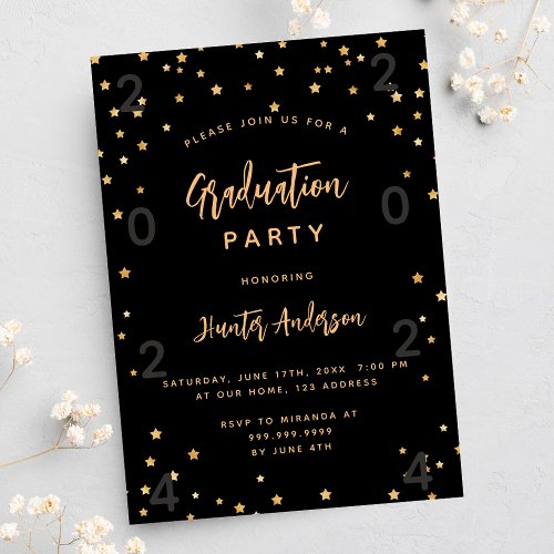 Graduation party black gold stars year invitation