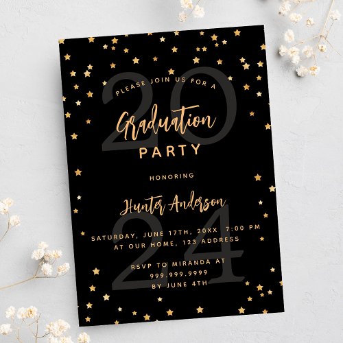 Graduation party black gold stars year invitation postcard