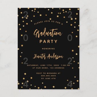 Graduation party black gold stars year invitation postcard | Zazzle