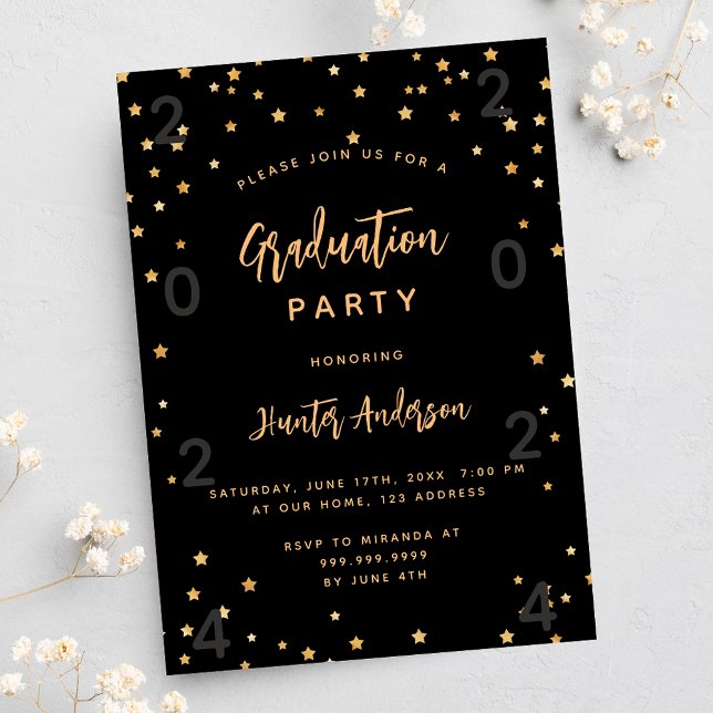 Graduation party black gold stars year luxury invitation (Creator Uploaded)