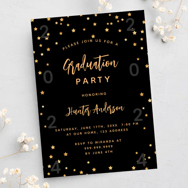 Graduation party black gold stars year luxury invitation | Zazzle