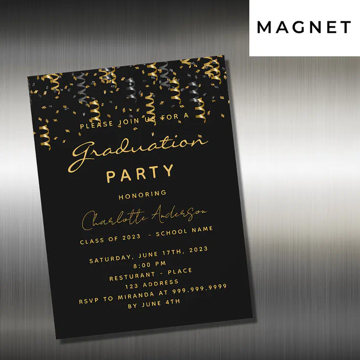 Graduation party black gold streamers luxury invitation Zazzle