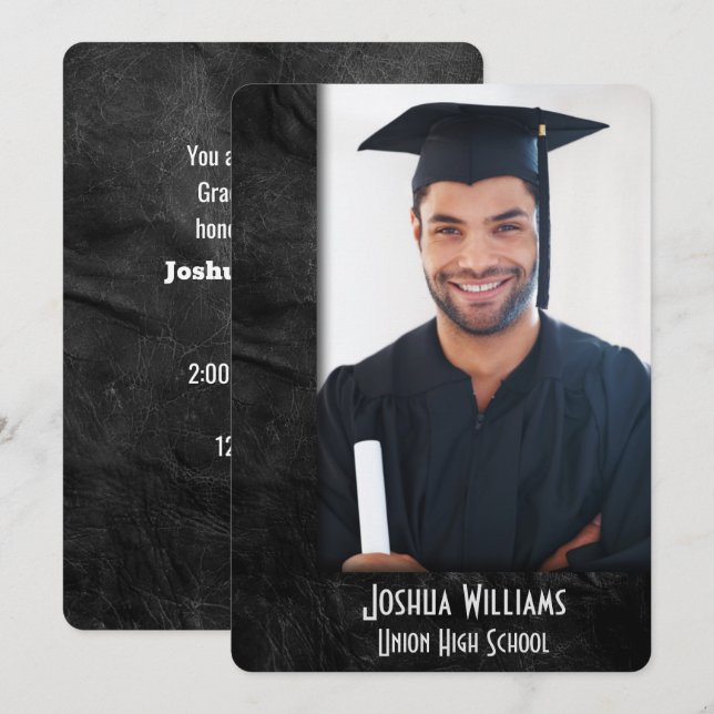 Graduation Party Black Leather Photo Frame Invitation (Front/Back)