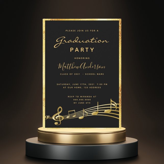 Graduation party black music gold invitation (Creator Uploaded)