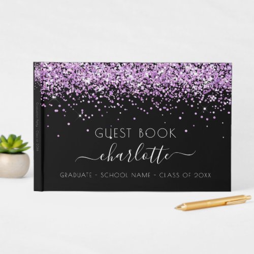 Graduation party black purple glitter dust 2022 guest book