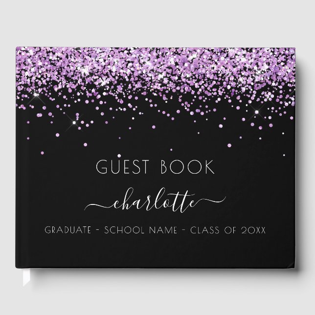 Graduation party black purple glitter dust 2022 guest book (Front)