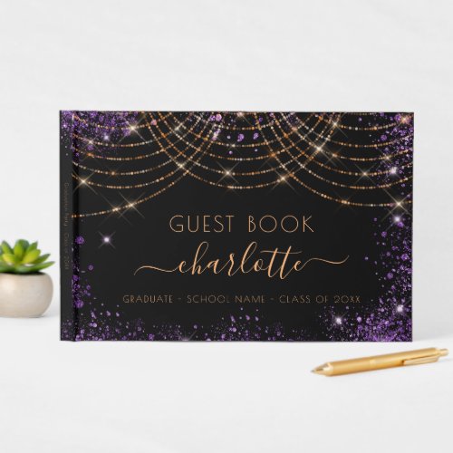 Graduation party black purple gold glitter 2023 guest book
