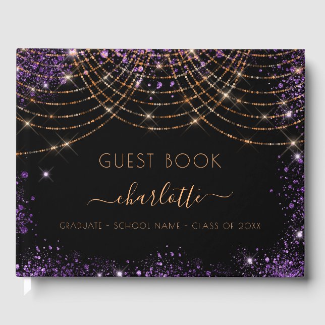 Graduation party black purple gold glitter 2025 guest book (Front)