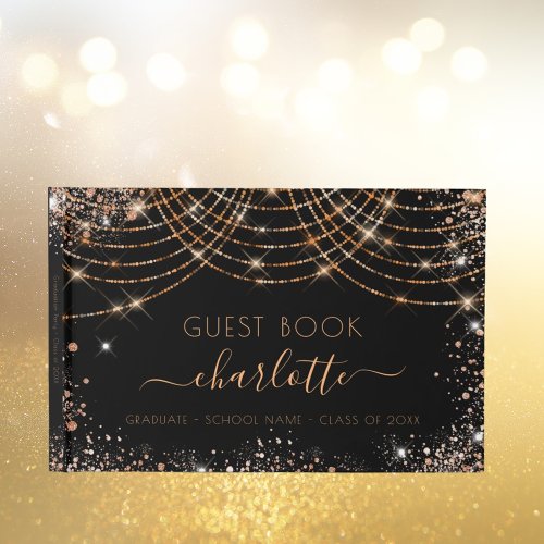 Graduation party black rose gold glitter guest book