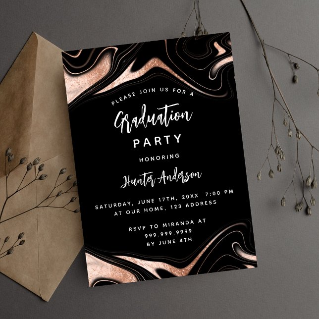 Graduation party black rose gold modern invitation postcard (Creator Uploaded)