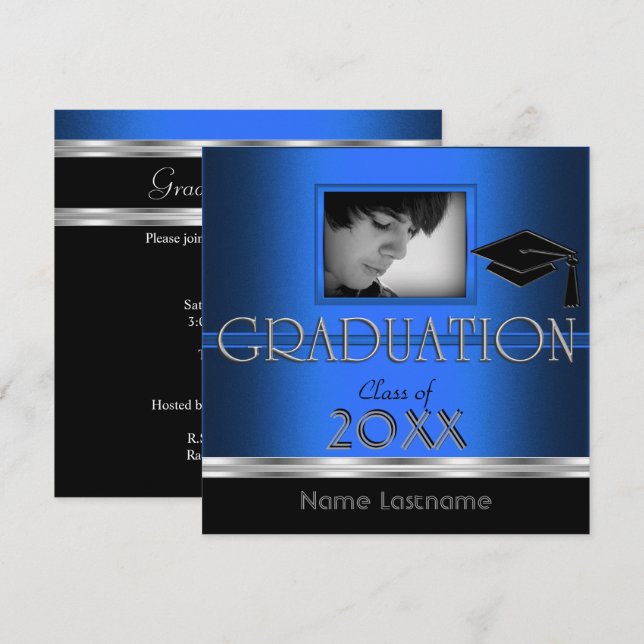 Graduation Party Black Silver Blue Photo Boy Male Invitation (Front/Back)