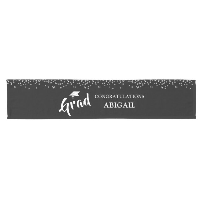 Graduation Party Black Silver Confetti GRAD Short Table Runner (Horizontal)
