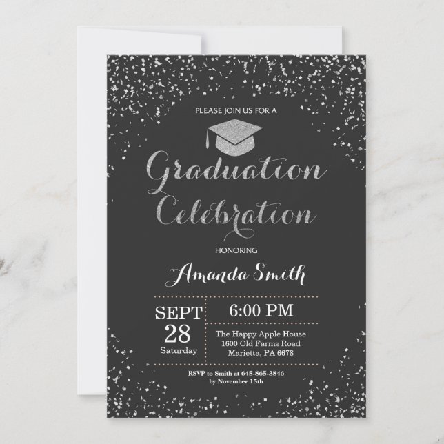 Graduation Party Black Silver Glitter Invitation (Front)