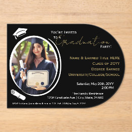 Graduation Party Black, White & Gold, Grad Photo Acrylic Invitations