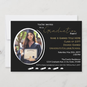 Graduation Party Black, White, Gold & Grad Photo Announcement