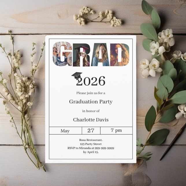 Graduation party black white grad photo invitation (Creator Uploaded)