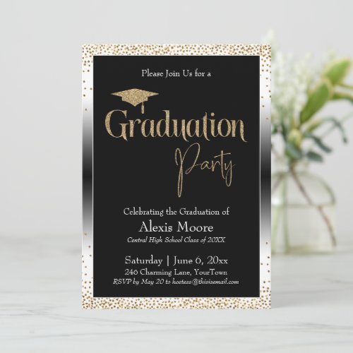 Graduation Party Black  White Ombre Gold Confetti Invitation