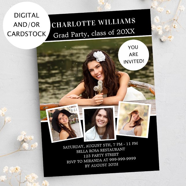 Graduation party black white photo collage invitation (Creator Uploaded)