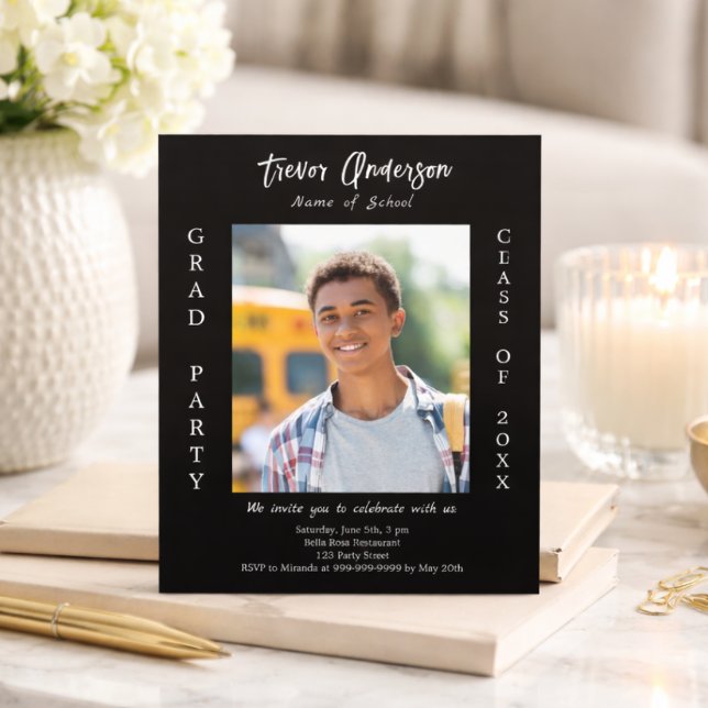 Graduation party black white photo invitation (Creator Uploaded)